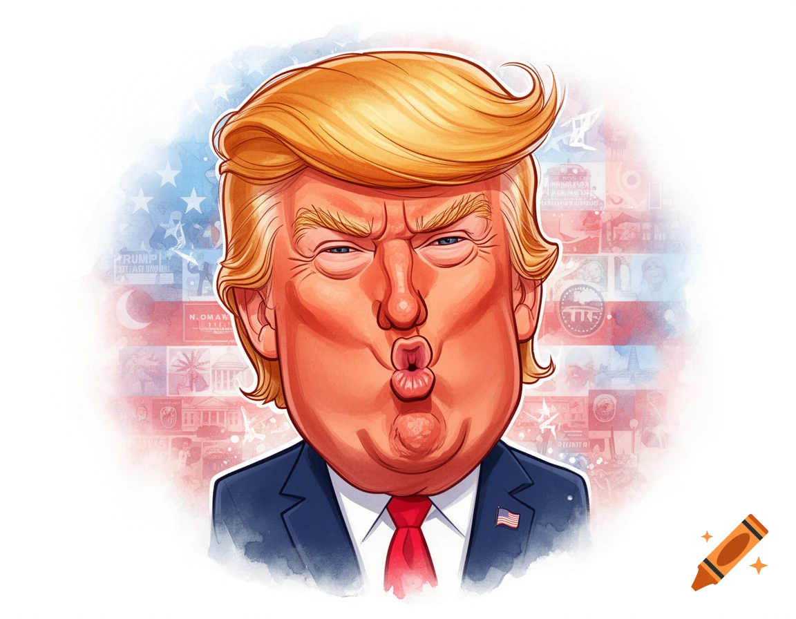 Caricature of Donald Trump with puckered lips, against a watercolor background with faint American flag motifs and text.