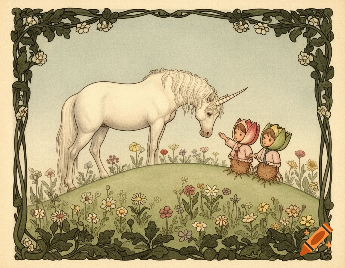 Vintage art nouveau children's illustration of a white unicorn lowering its head to two root children on a flowery hill, framed by leaves and blossoms.