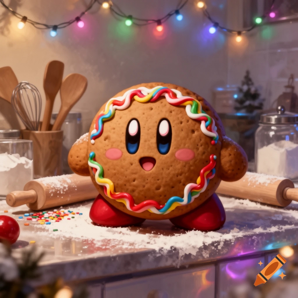 Gingerbread Kirby with colorful icing on a flour-dusted kitchen counter, surrounded by baking tools and festive lights.