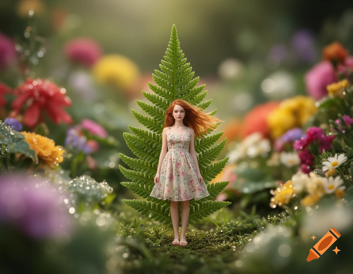 A miniature woman with flowing red hair and a floral dress stands in a vibrant garden, with a giant fern leaf behind her and colorful, dewy flowers surrounding her.