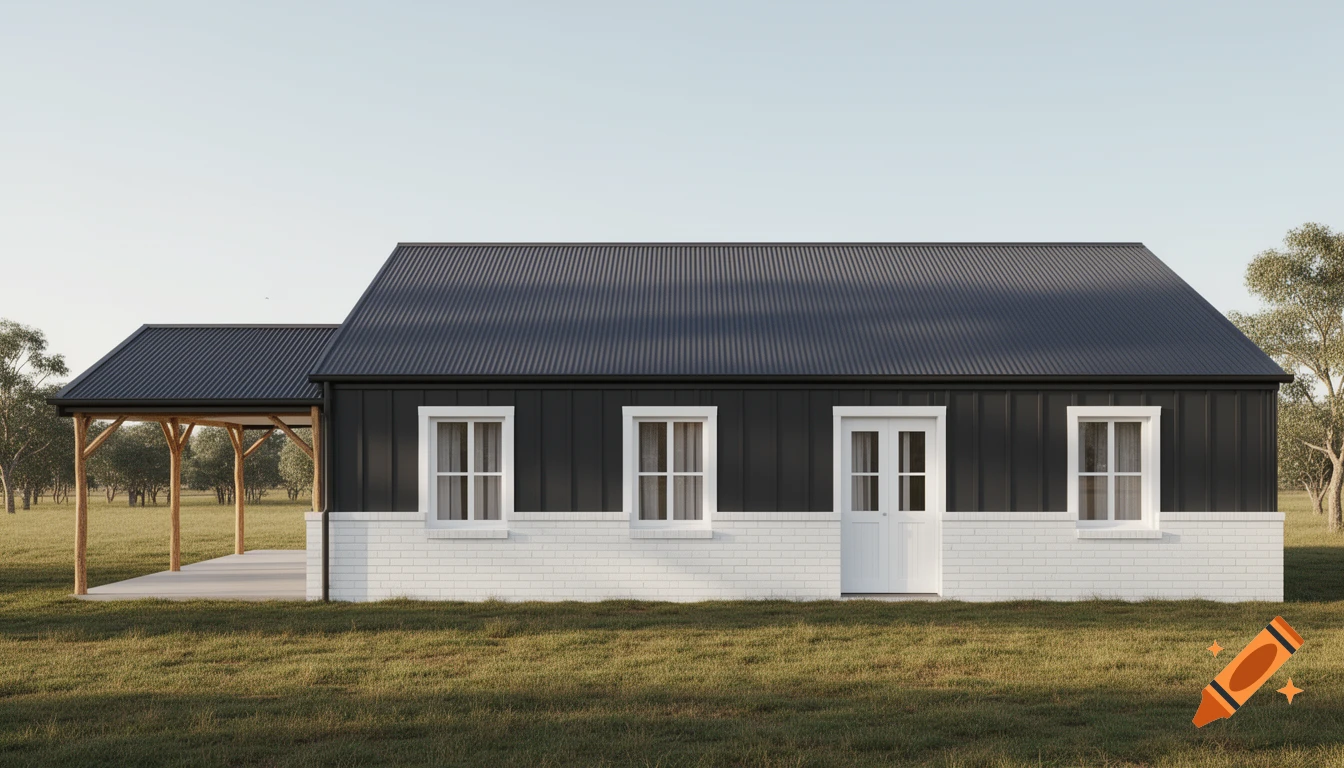 A modern shed home with dark gray siding, white brick base, a dark roof, and a wooden carport, set in a grassy field.