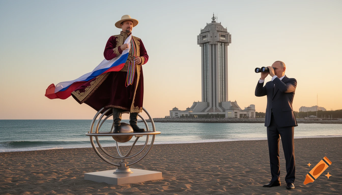 Two men on a beach at sunset, one in traditional Russian attire on an ornate stand holding a flag, the other in a suit looking through binoculars. A tall, modern tower stands in the background by the sea.