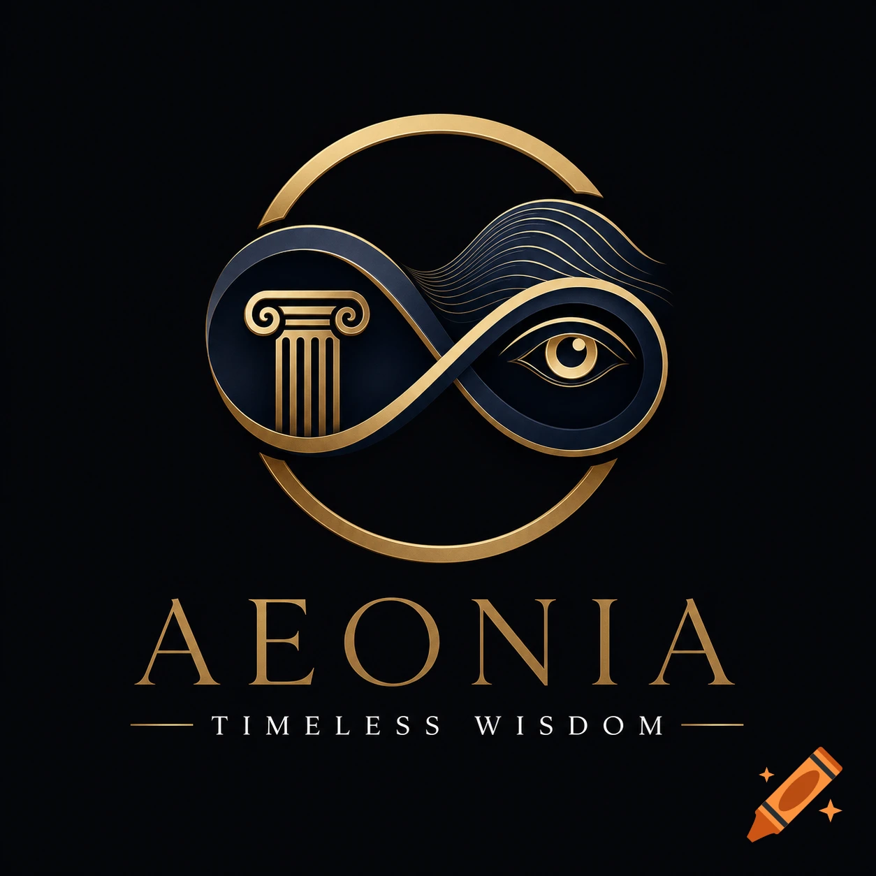 Gold and dark blue minimalist logo with an infinity symbol incorporating a Greek column and an eye, with "AEONIA TIMELESS WISDOM" text below.