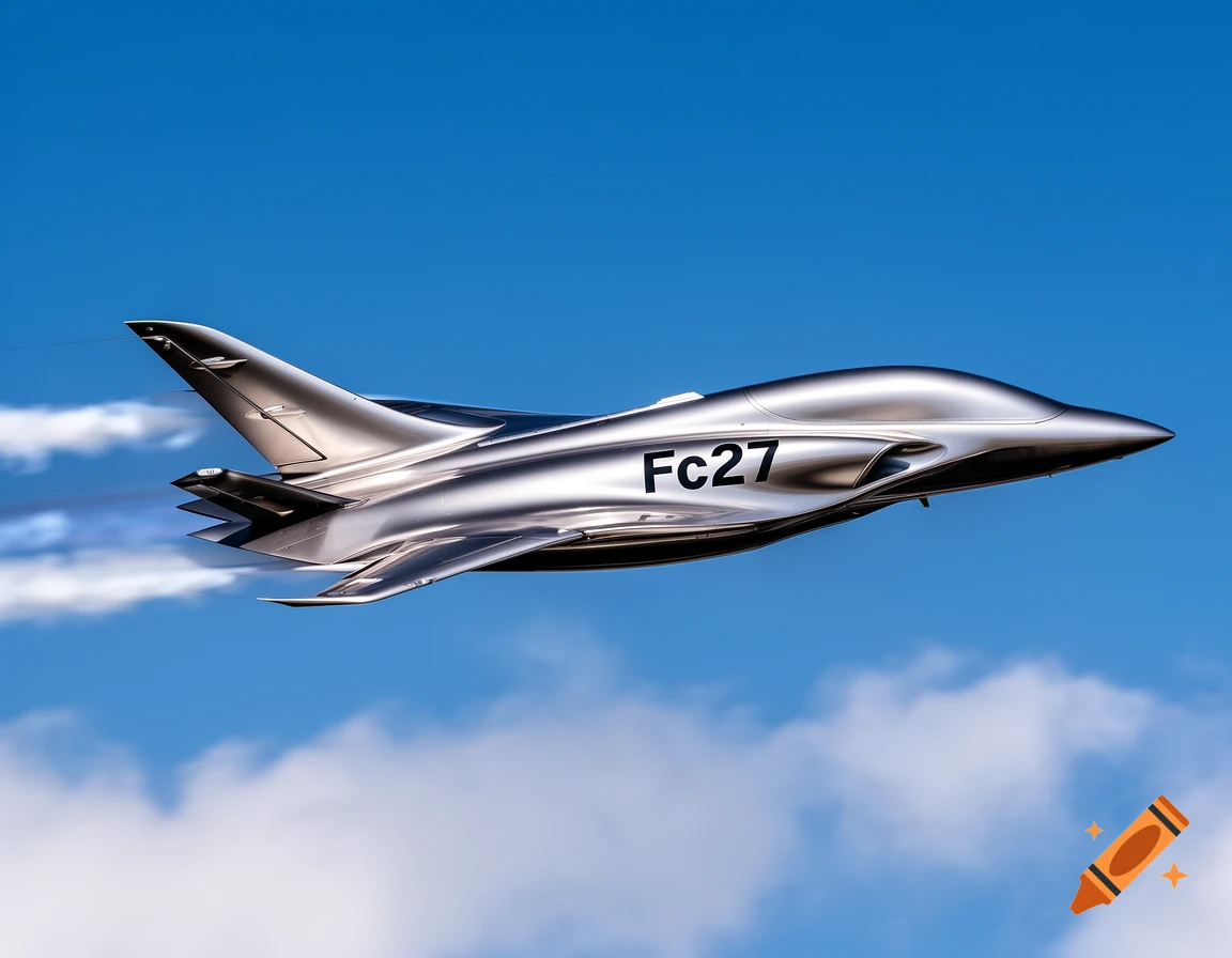 A sleek, silver futuristic jet with 'Fc27' on its side flies across a bright blue sky with white clouds.