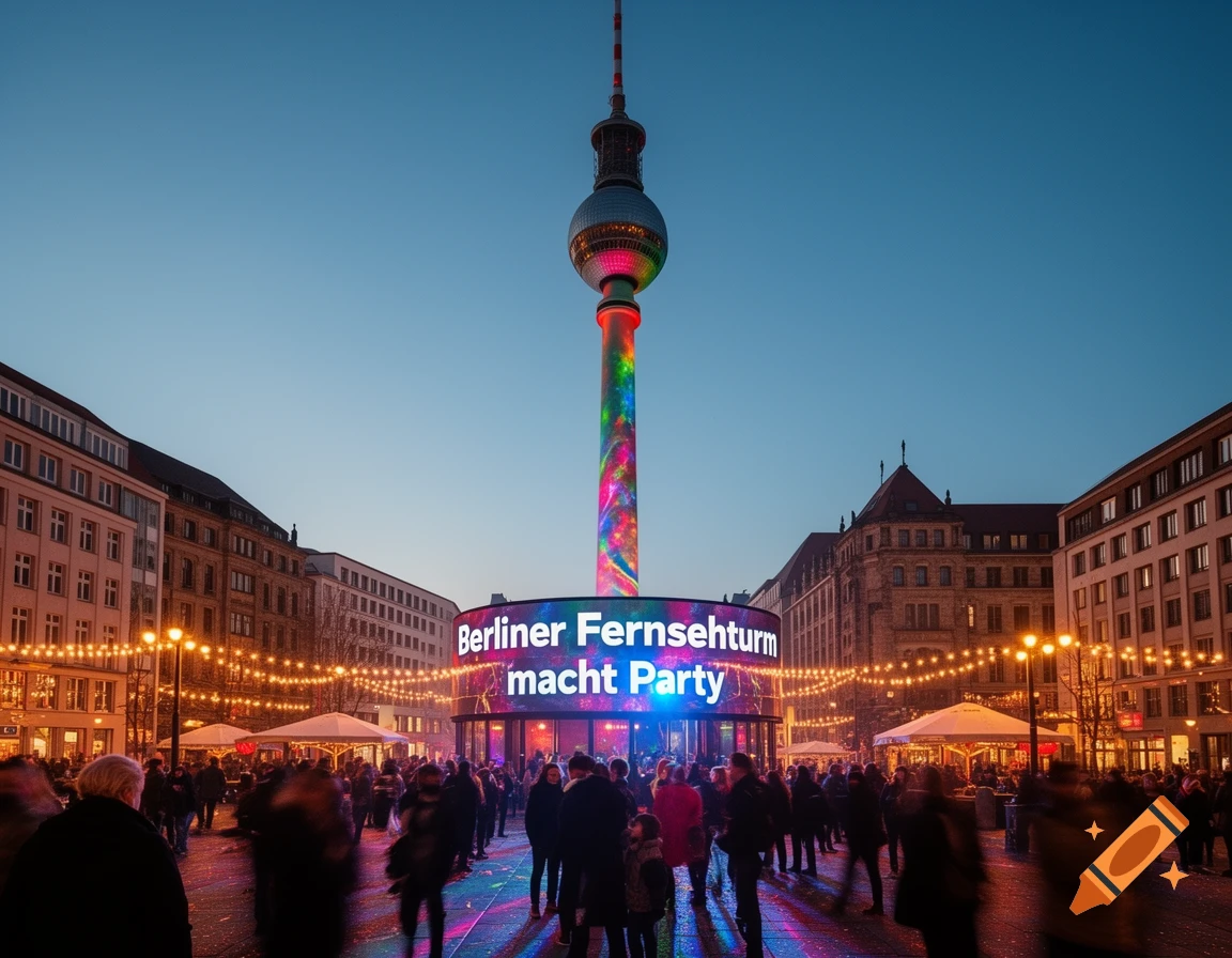 The Berlin TV Tower illuminated with colorful lights, surrounded by people at a festive evening event in a city square.