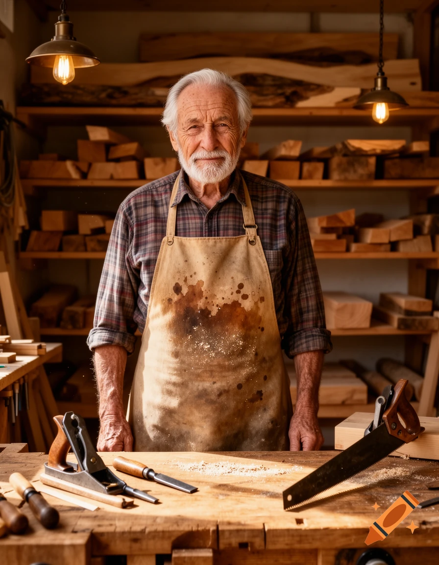 Elderly man with white hair and beard, wearing a plaid shirt and apron, smiles in a rustic woodworking shop with tools on a workbench.