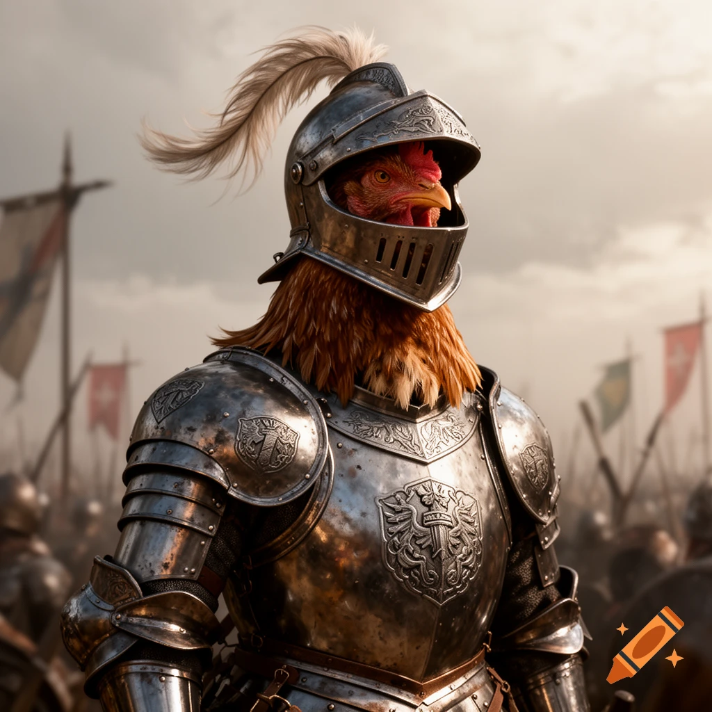 A photorealistic image of a chicken wearing full medieval knight armor with a feathered helmet, standing on a cloudy battlefield.