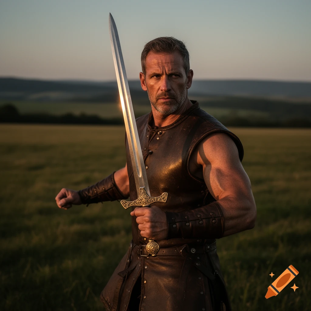 A stern warrior in leather armor holds a longsword in a grassy field at sunset, looking directly forward.
