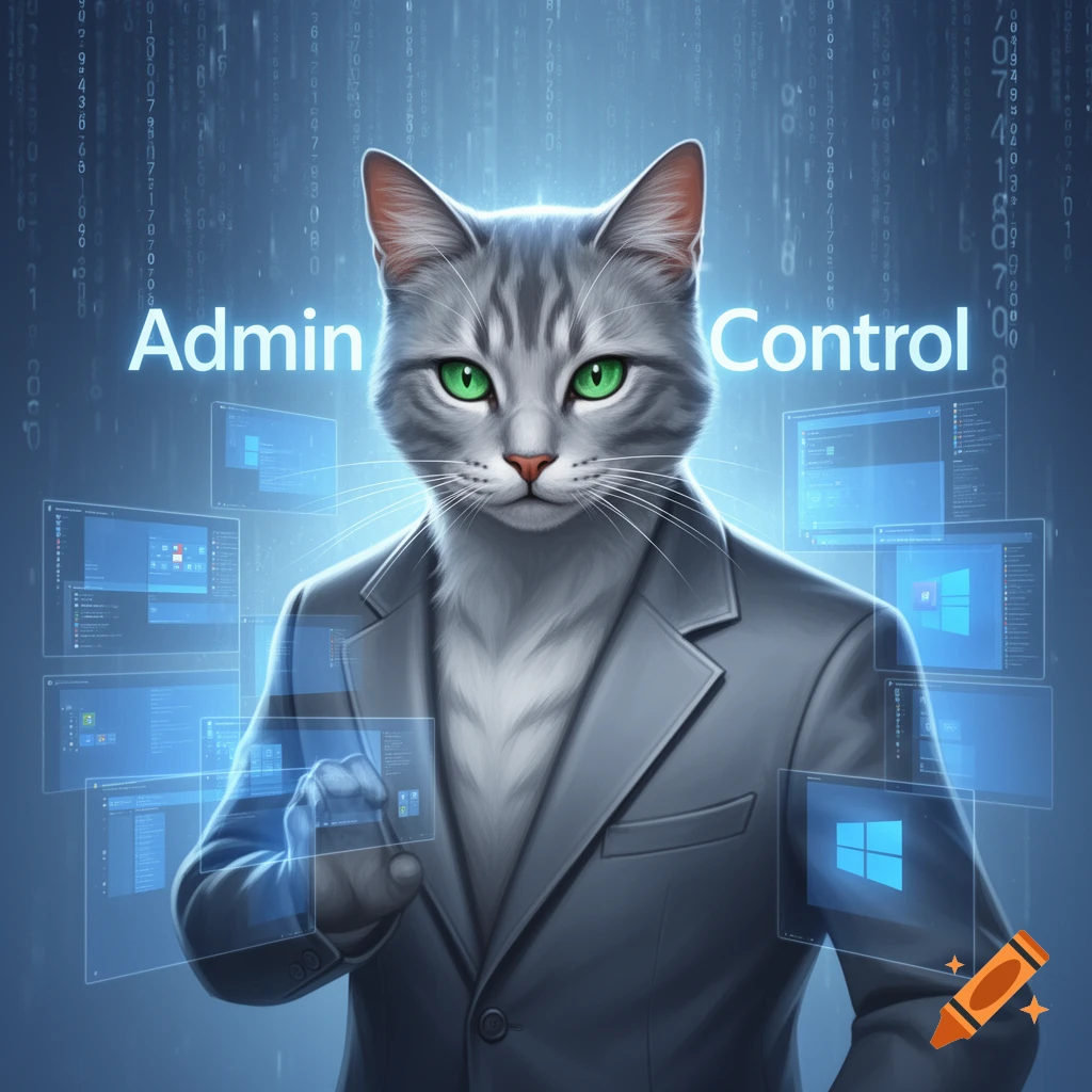 A grey tabby cat in a business suit with glowing green eyes surrounded by holographic computer screens, with 'Admin Control' text.