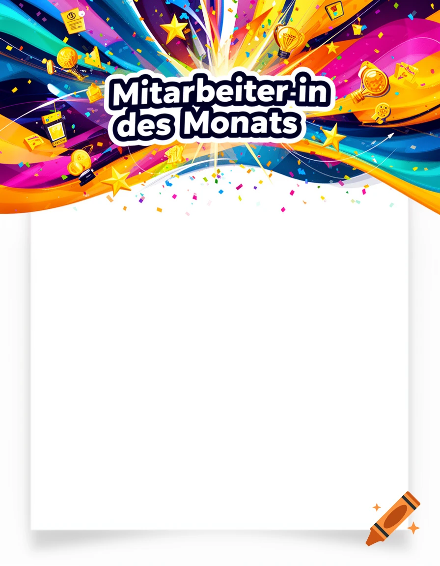 A colorful, vibrant celebratory header with confetti, stars, and trophies, featuring the bold text "Mitarbeiter-in des Monats" above a large white blank space.