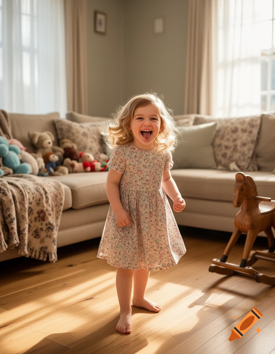A smiling toddler with blonde curly hair sticks out her tongue in a sunlit living room with a couch and rocking horse.