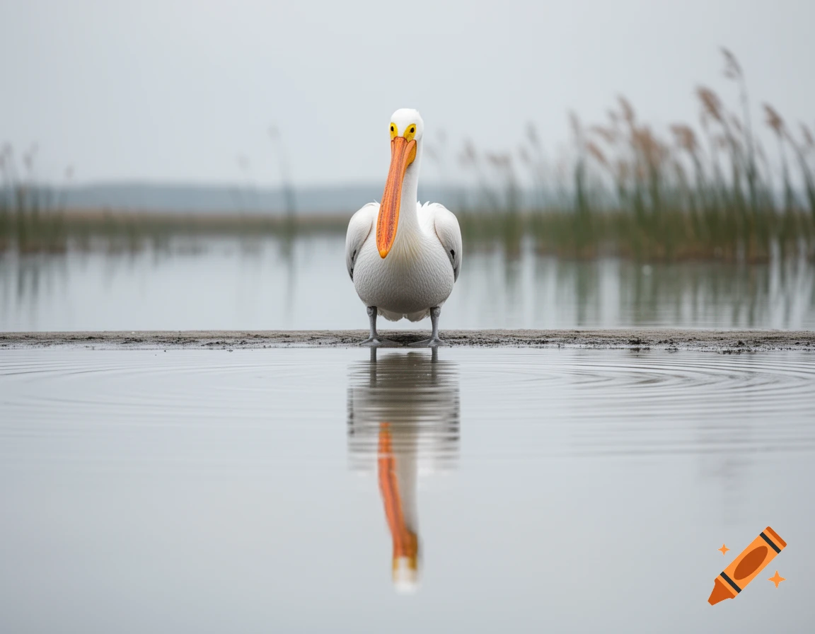 A photorealistic white pelican with an orange beak stands in shallow water, its reflection visible, with reeds in the background.