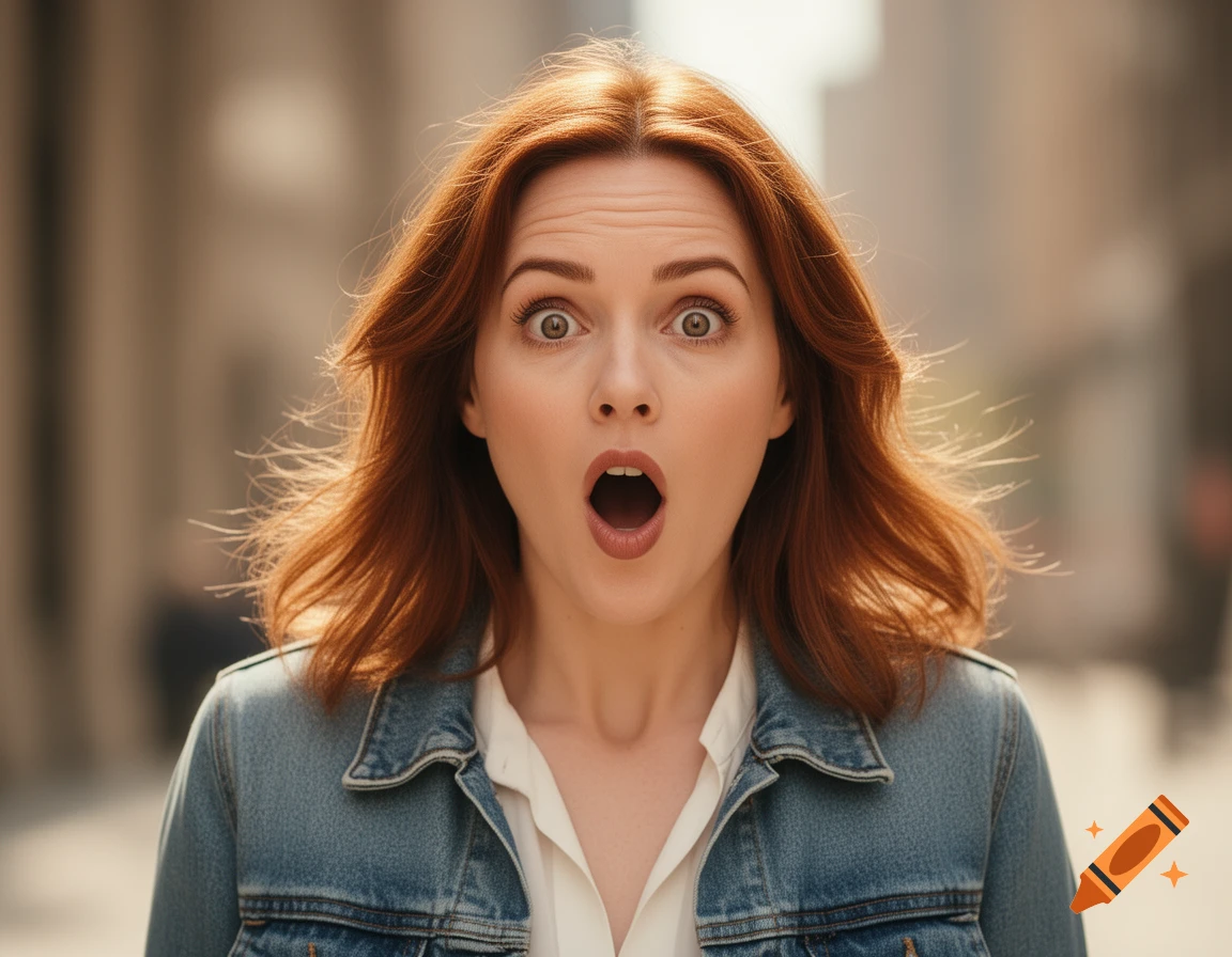 A woman with red hair and a denim jacket has a shocked expression, eyes wide and mouth open, in a city setting.
