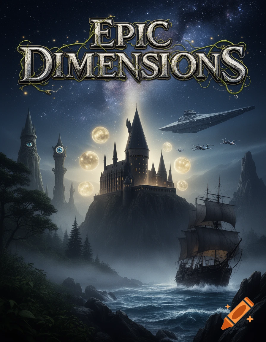 An epic movie poster featuring a blend of fantasy and sci-fi elements: a castle on a cliff overlooking a stormy sea with a pirate ship, futuristic spaceships in the sky, and mystical towers. The title "EPIC DIMENSIONS" is at the top under a starry sky.