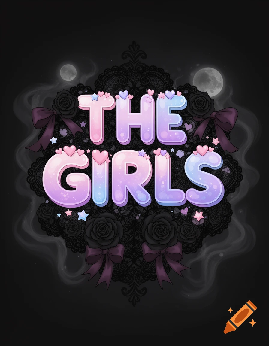 Stylized pastel text 'THE GIRLS' adorned with hearts and stars, set against a dark gothic lace background with black roses, bows, and moons.
