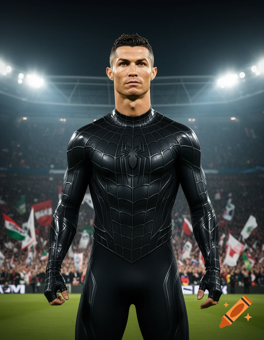 Photorealistic image of Cristiano Ronaldo in a black Spider-Man symbiote suit, standing on a soccer field in a stadium.