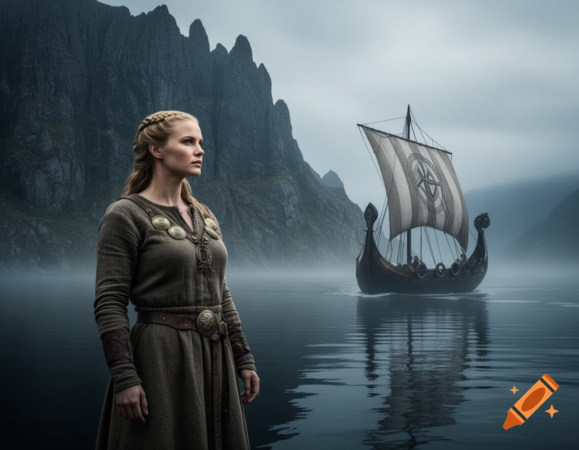 A photorealistic image of a Viking woman standing by a misty body of water with mountains and a longship in the background.