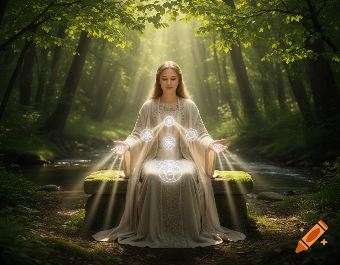 A woman meditates in a lush forest with mystical glowing symbols around her, sunlight streaming through the trees.