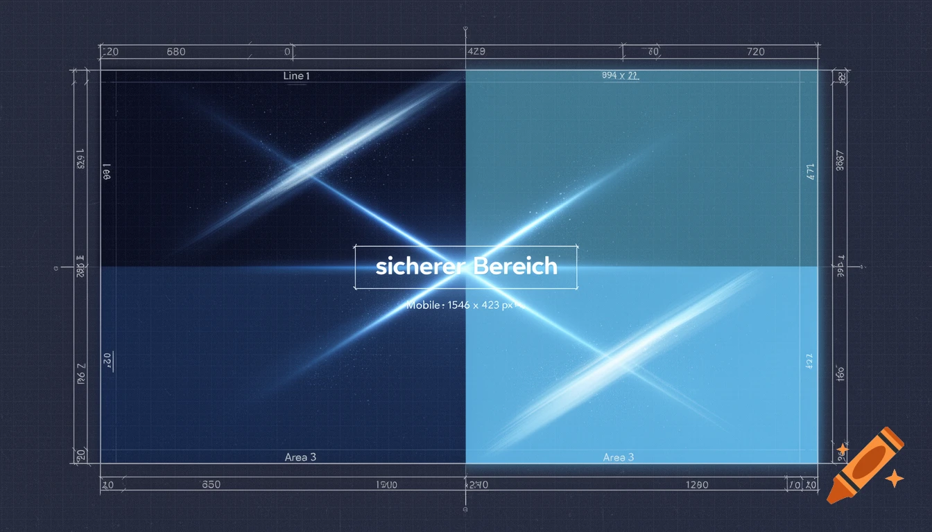 A technical blueprint with a grid, measurements, and four blue sections, crossed by glowing diagonal lines. Central text: 'sicherer Bereich'.