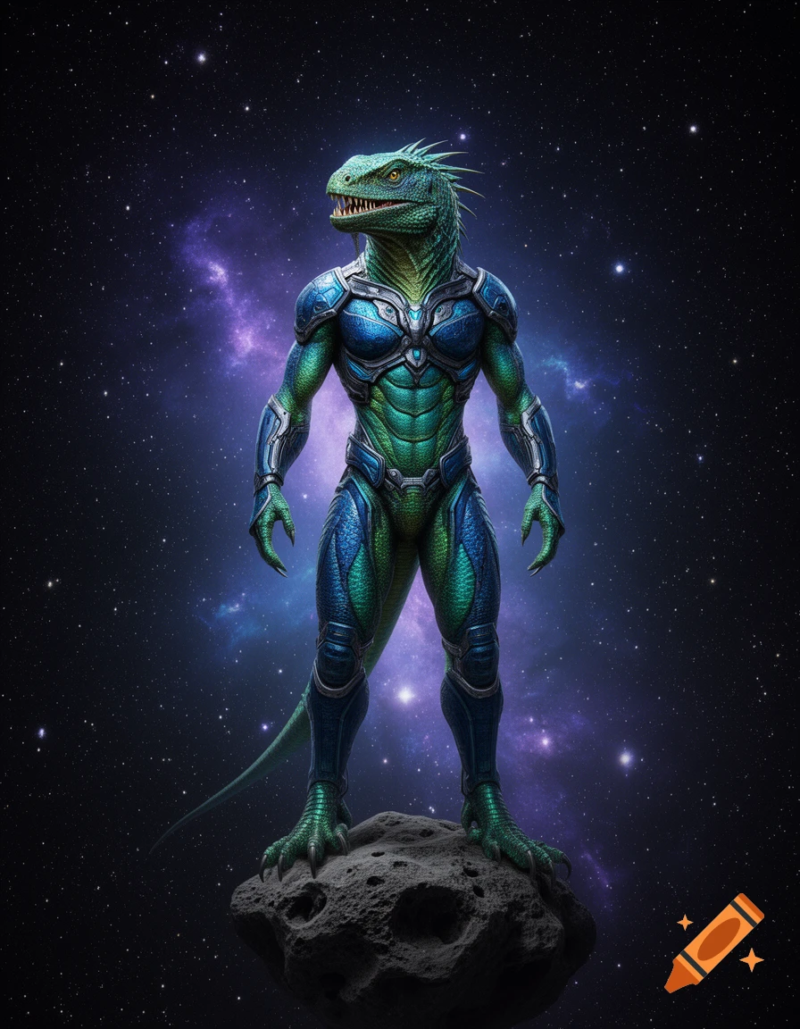 A muscular, bipedal green lizard creature in blue and green futuristic armor stands on an asteroid against a starry cosmic background.