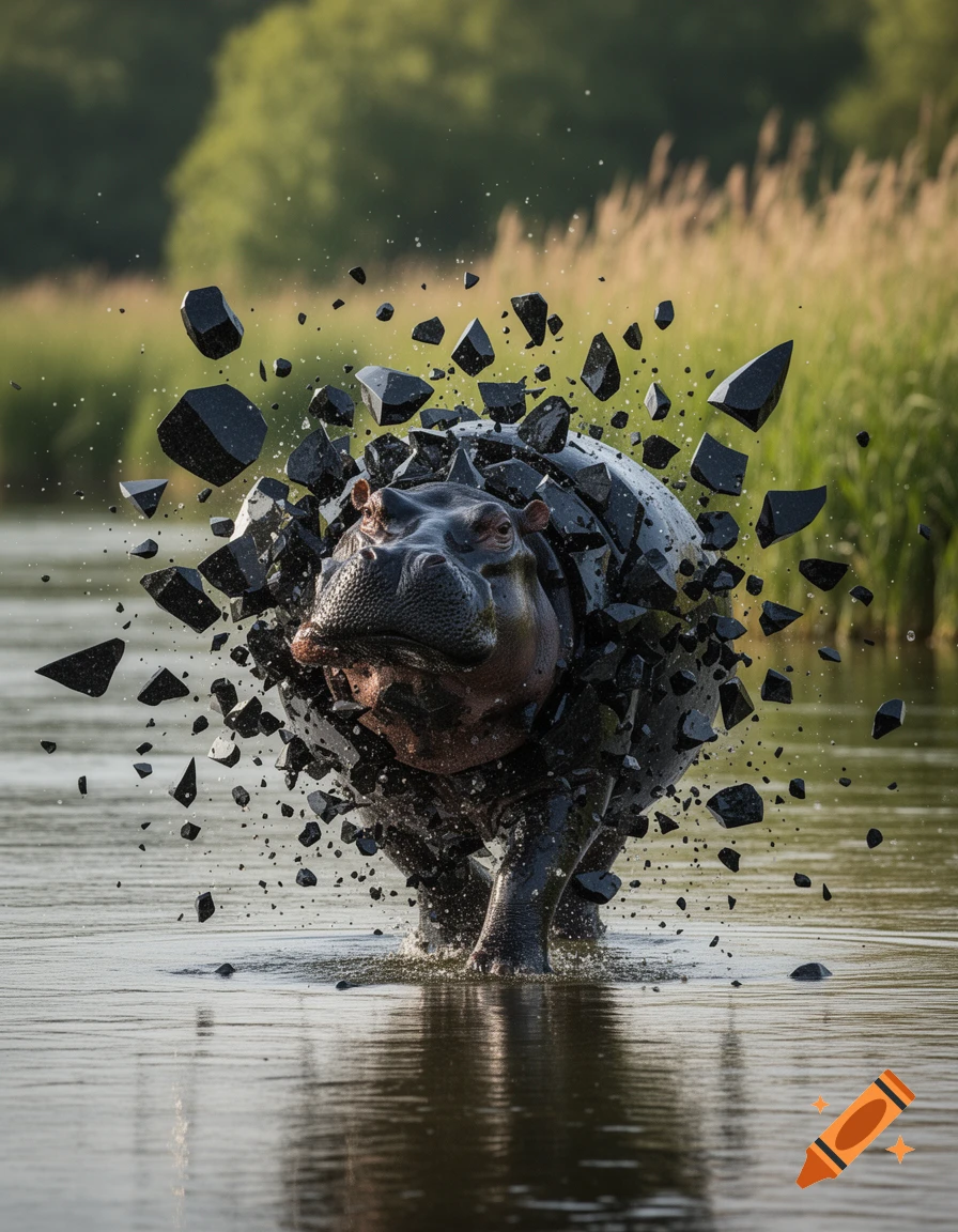 An obsidian hippopotamus emerging from water, its body exploding into sharp, black fragments, against a blurred natural background.
