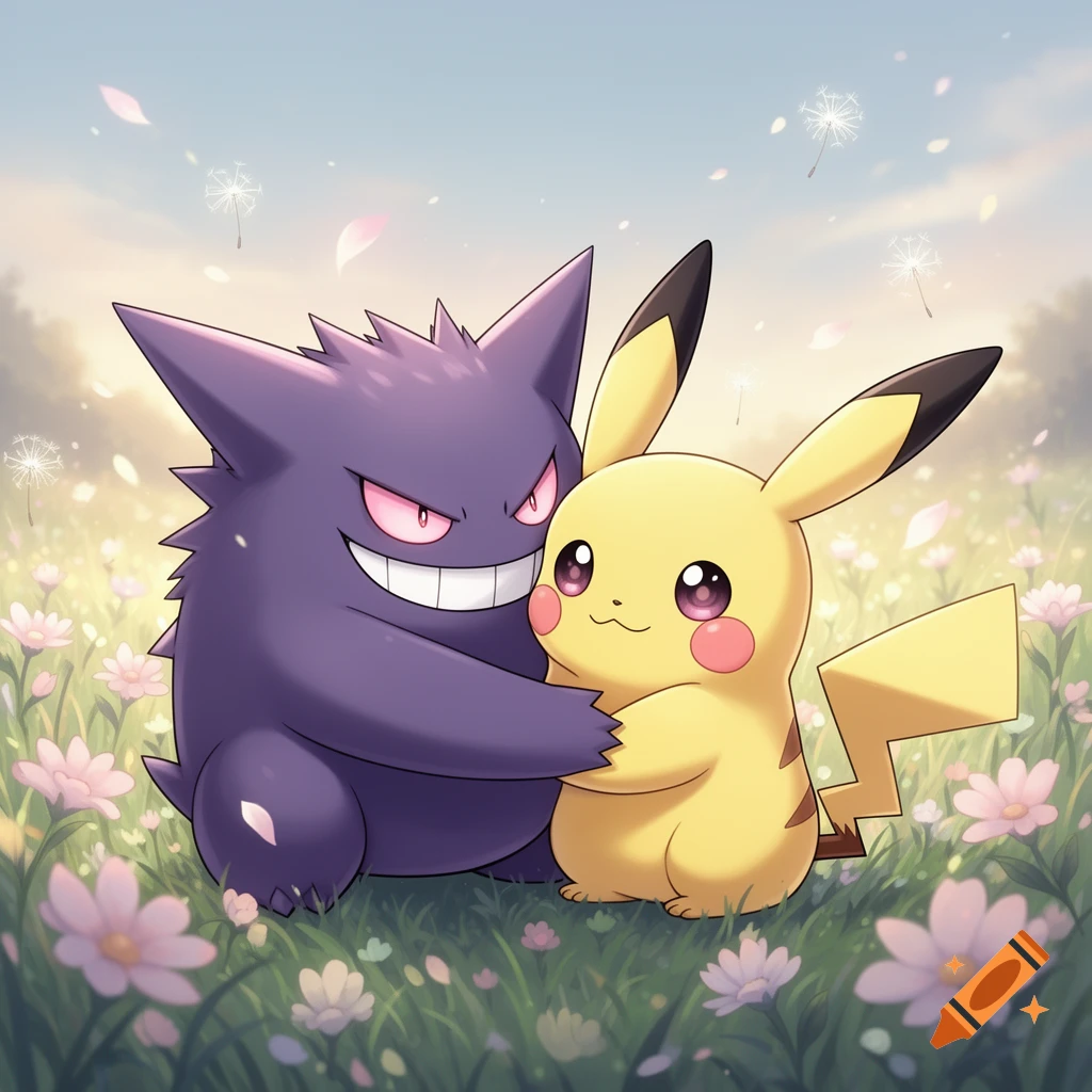 Gengar hugs Pikachu in a field of pink and white flowers with dandelion seeds floating in the air, anime style.