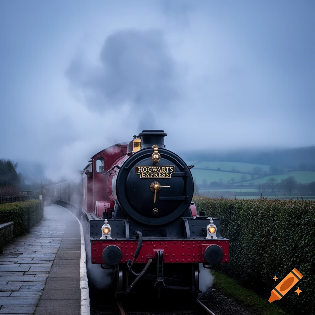 The Hogwarts Express steam train sits at a station platform on a cloudy, misty day, with green hills beyond.