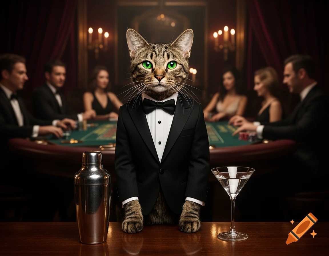 A tabby cat in a tuxedo stands at a bar with a martini glass and shaker, in a dim casino with people playing cards.
