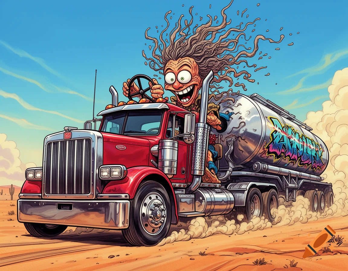 A cartoonish, wild-haired character grins while driving a red semi-truck with a graffiti-covered tanker through a desert.