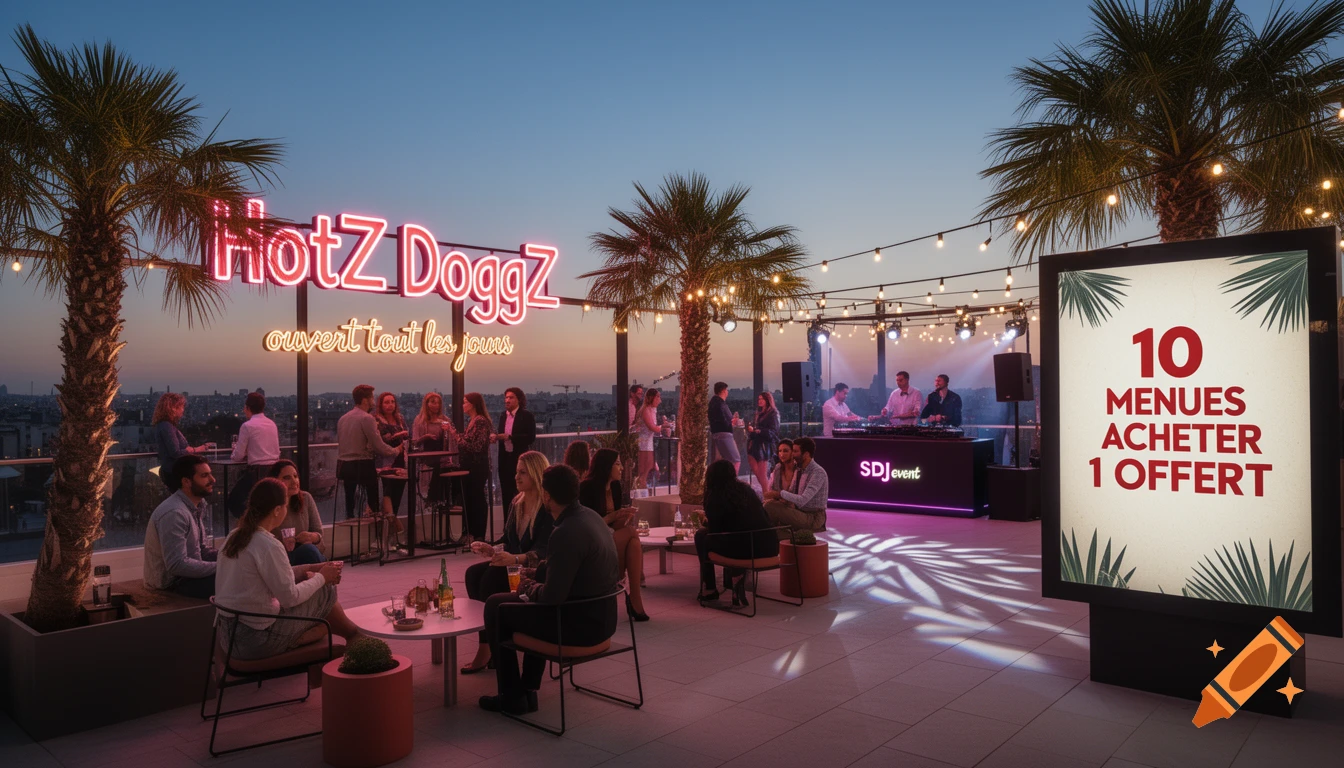 Vibrant rooftop bar at dusk with people, palm trees, neon 'HotZ DoggZ' sign, and a DJ booth.