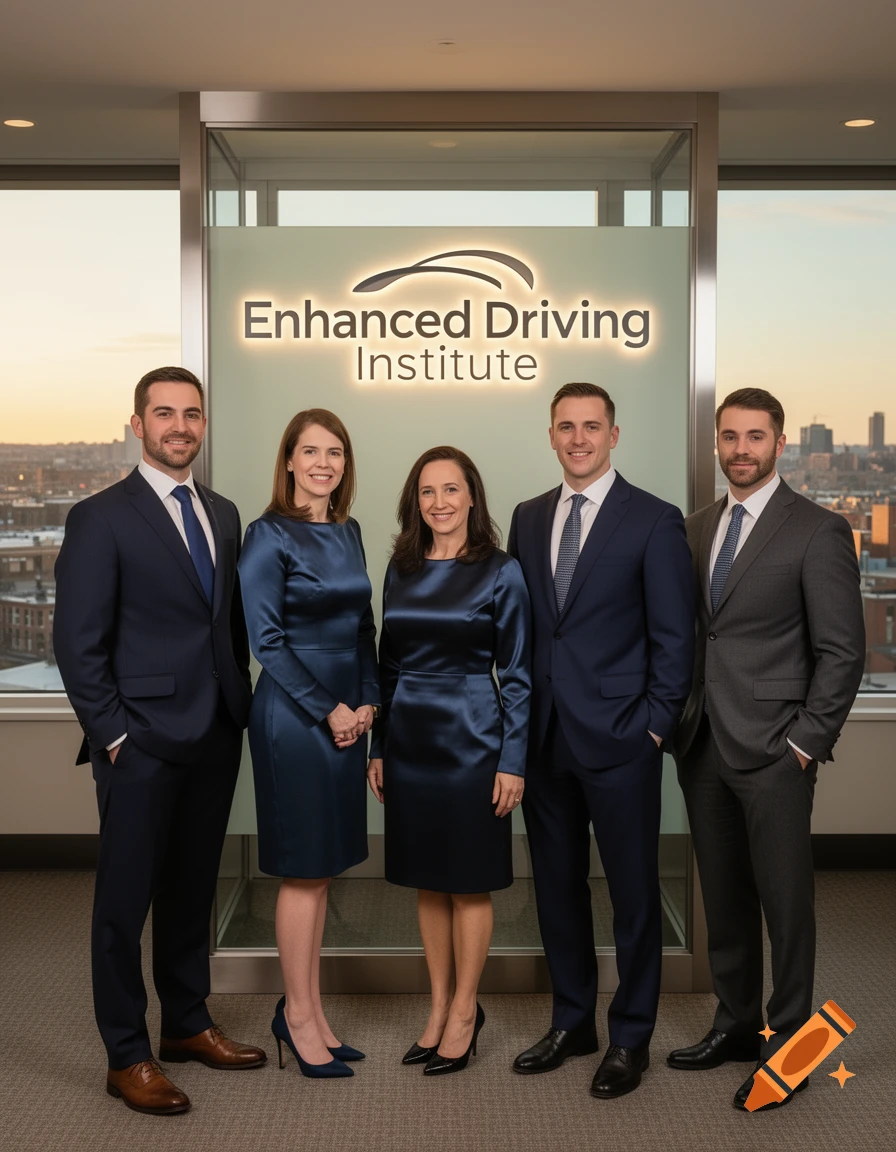 Five business professionals, three men and two women, pose in an office with a city view and a glowing 'Enhanced Driving Institute' sign.