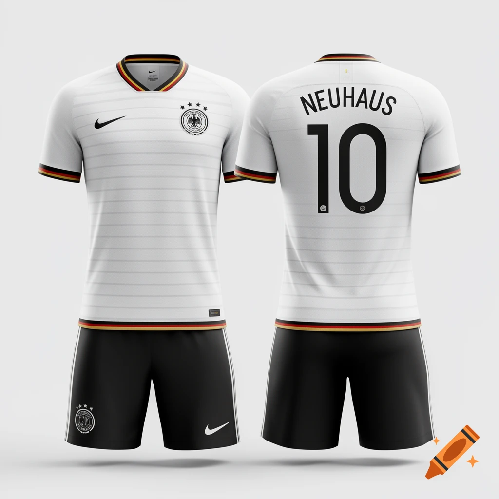 Photorealistic white Germany national soccer team jersey and black shorts, front and back views, with 'NEUHAUS 10' on the back.