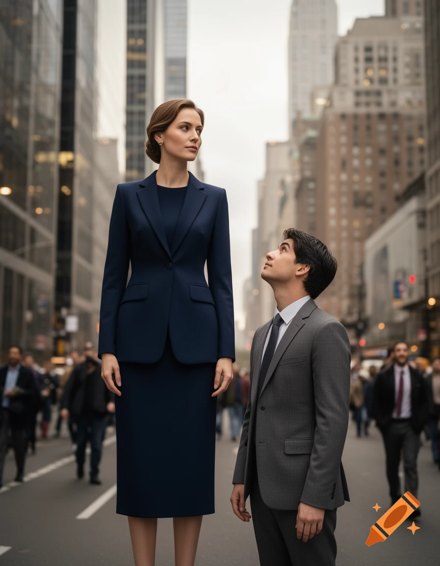 A very tall woman in a dark blue suit stands on a city street, looking ahead, while a shorter man in a gray suit looks up at her.