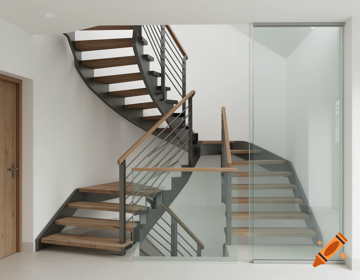 A modern quarter-turned staircase with dark steel stringers and light wooden steps, featuring a steel and wood railing, and glass safety panels in a minimalist white interior.