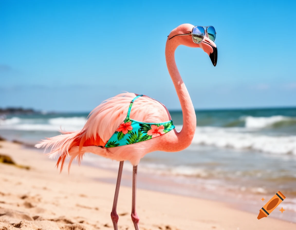 A photorealistic flamingo wears a tropical bikini and sunglasses on a sunny beach.