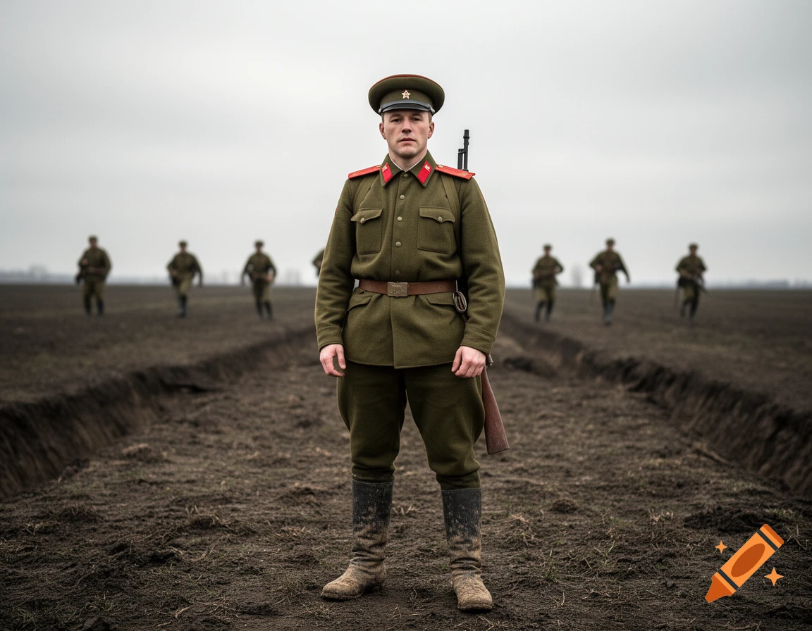 A photorealistic image of a Soviet soldier in uniform standing in a muddy field with blurred soldiers in the background.