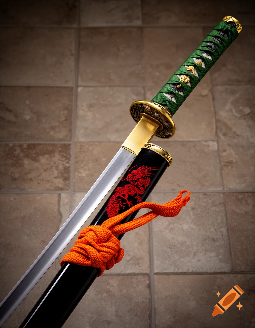 A detailed Japanese katana with a green-wrapped handle, brass fittings, and a black scabbard featuring a red dragon design, tied with an orange cord.