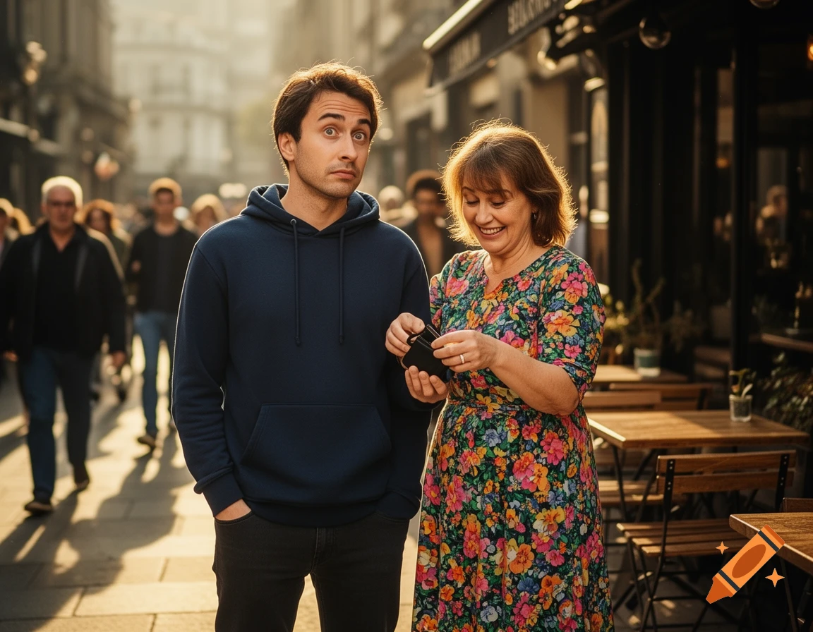 A man with a surprised expression stands next to a smiling woman holding a wallet on a sunny city street.