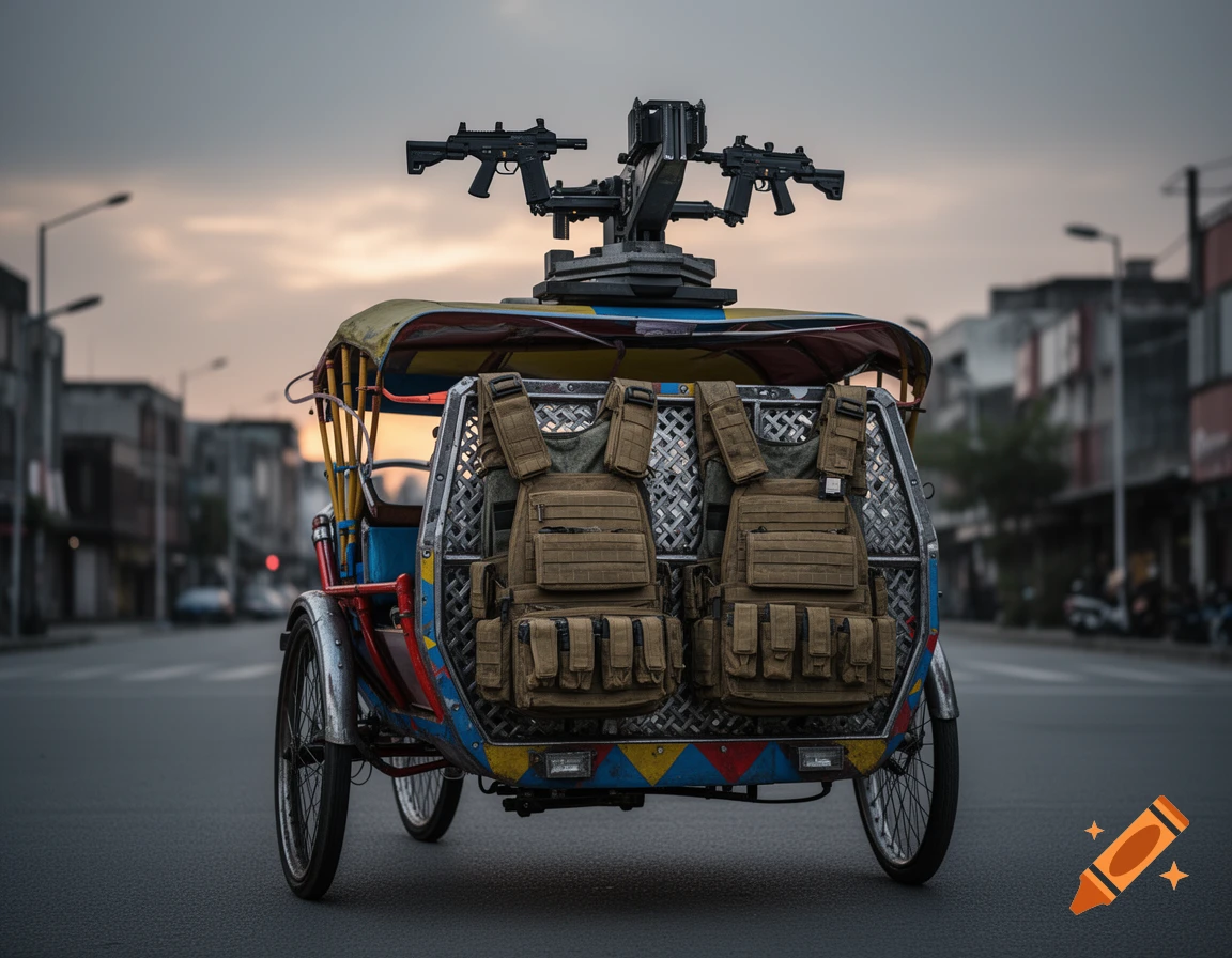 A tactical rickshaw on an empty street at dusk, with two plate carriers on the back and two submachine guns mounted on the roof.