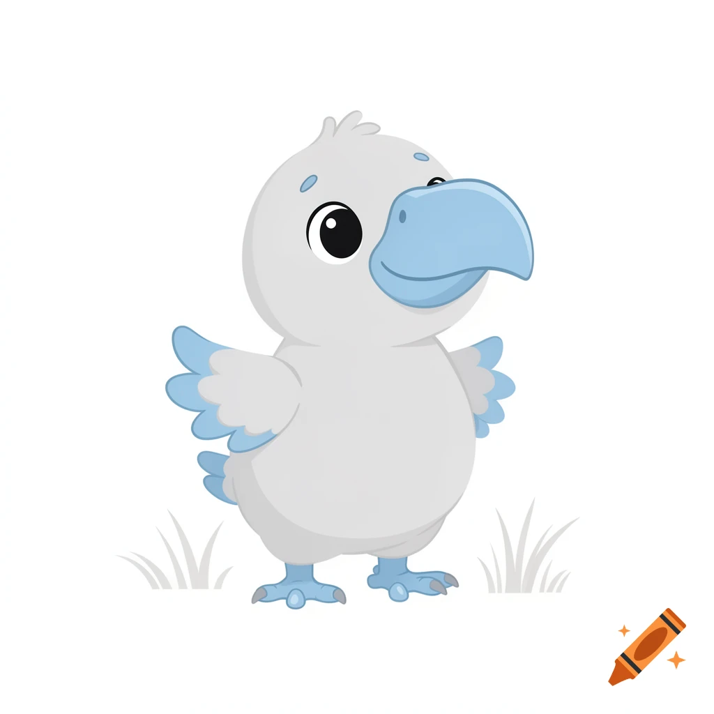 A cute cartoon baby bird with a light blue beak and feet, and light gray feathers, stands on a white background with a few blades of grass.