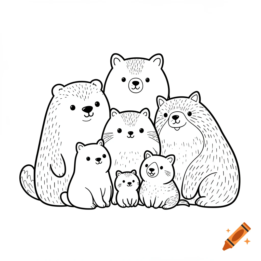 Six cute, cartoon-style bear family members in a black line drawing on a white background.