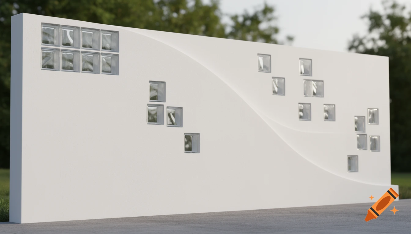 A long, white, minimalist wall with two curved lines and scattered groups of glass blocks, set outdoors with blurred green foliage.