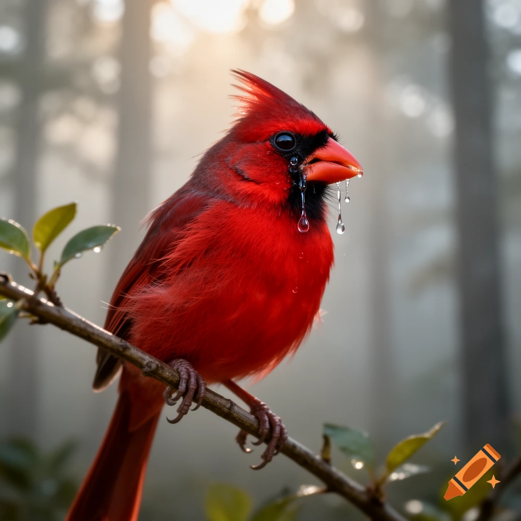 Photorealistic red cardinal bird crying with tears dripping from its eye and beak, perched on a wet branch in a foggy, sunlit forest.