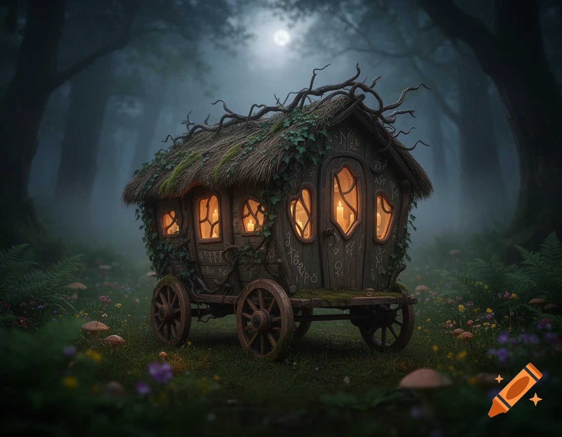 A mystical, moss-covered witch's hut caravan with glowing windows sits in a dark, foggy forest under a full moon.