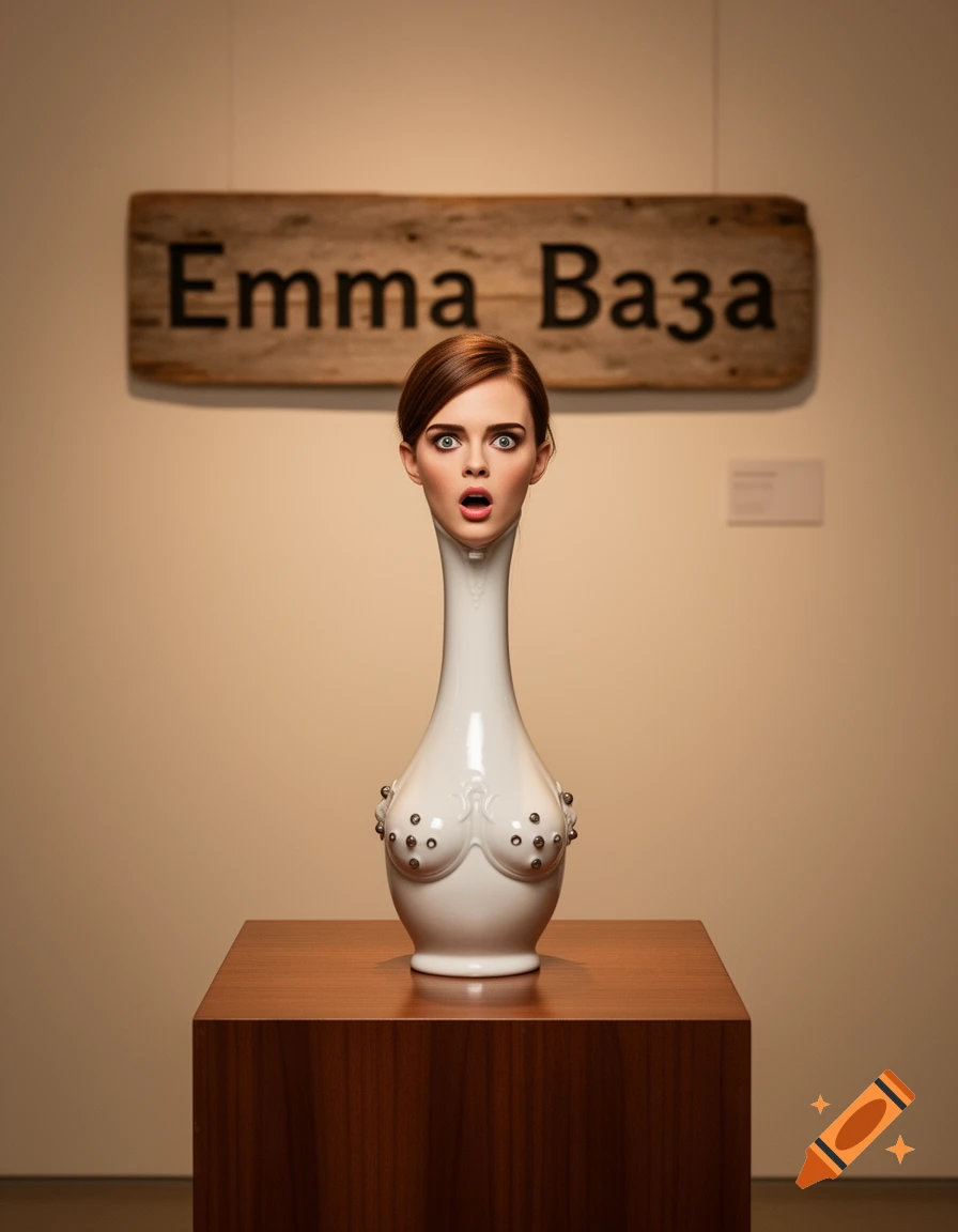 Surreal sculpture of a surprised woman's head on a white vase with studded breasts, on a wooden pedestal, with a sign 'Emma "Ваза"' in the background.