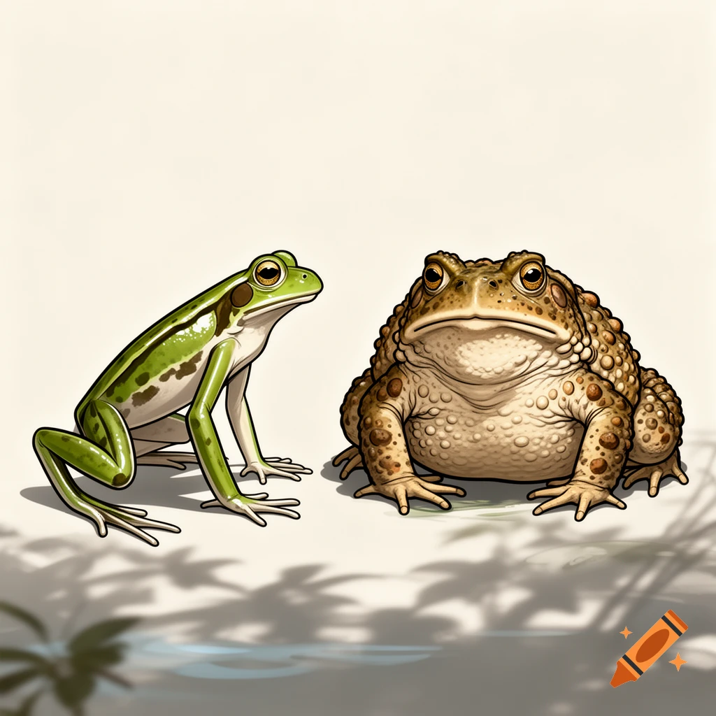 A cartoonish green frog and a brown warty toad sit side-by-side on a light background.