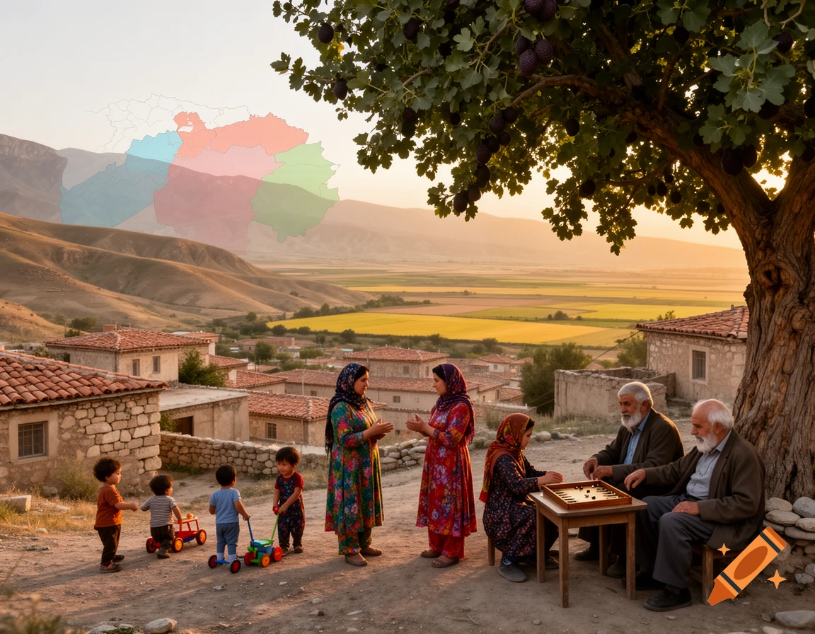 A photorealistic scene of a rural family in a village, children playing, adults conversing, and men playing a board game, with a surreal map overlay in the sky.