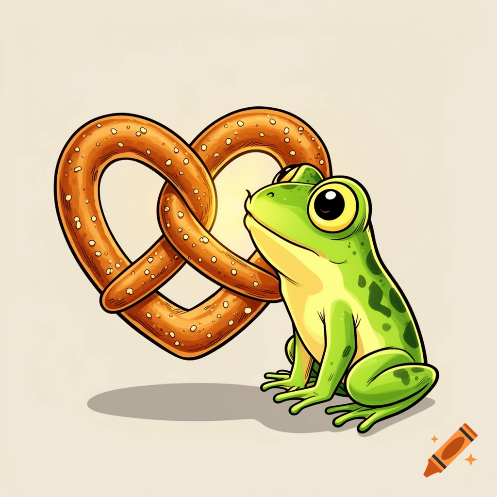 A cute cartoon frog with big eyes leans next to a heart-shaped pretzel on a light background.