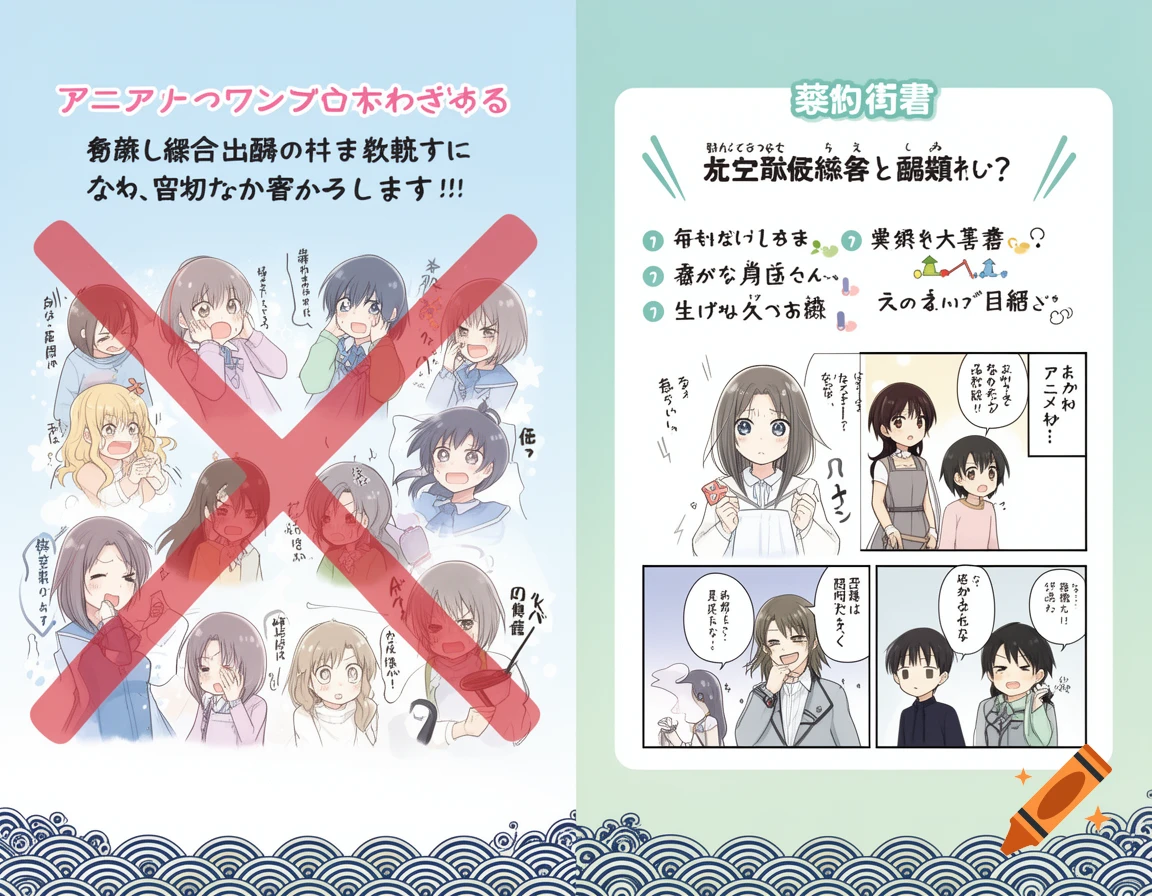A two-panel anime-style educational diagram. The left panel shows multiple female characters with a large red 'X' over them, and the right panel shows more characters in comic book panels.