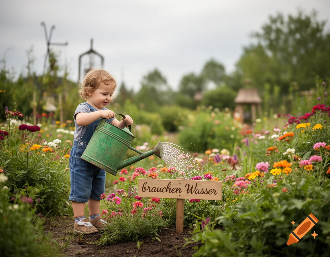 A happy toddler in overalls waters colorful flowers in a lush garden with a green watering can, a sign reading 'brauchen Wasser' nearby. Photorealistic style.